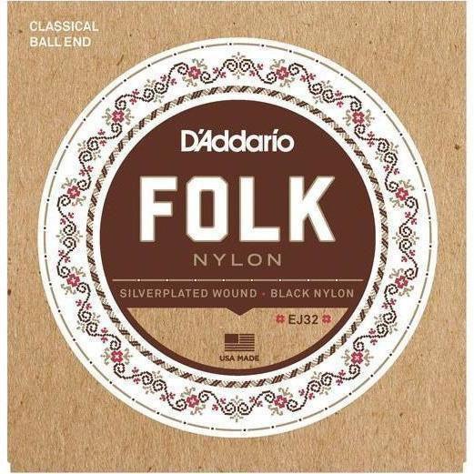 D'Addario EJ32 Folk Nylon, Ball End, Silver Wound/Black Nylon Trebles-Andy's Music